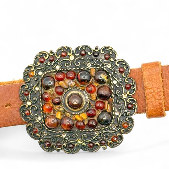 Vintage Handcrafted Beaded Leather Belt Western Boho Rustic Prairie Brass Buckle - Picture 5 of 9